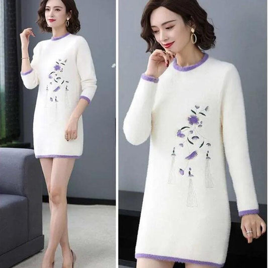Mid-length Imitation Mink Wool Sweater Dress Women Autumn and Winter Thick Skirt Embroidered Knitted Sweater Fuzzy Dress