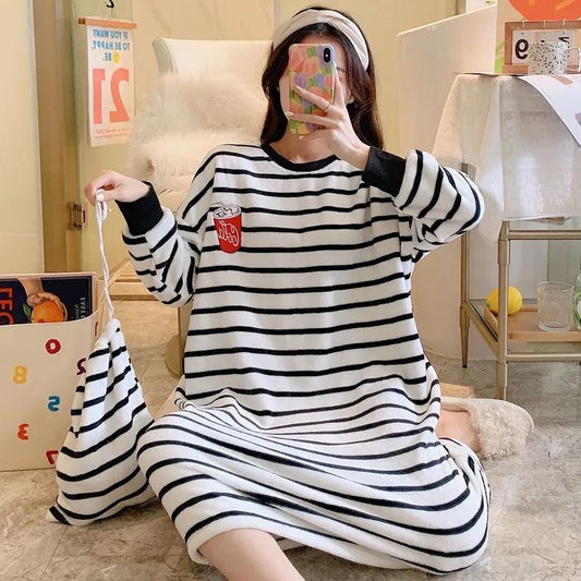 Large Size Women's Winter Warm Coral Fleece Stripes Nightdress Cute Cartoon Printing Pyjama Plus Fat Oversize Long-sleeves Pajamas Flannel Home Wear