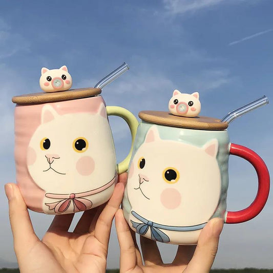 Cute and Cute Ceramic Mug with Lid Spoon Female Student High-value Couple Breakfast Coffee Drinking Cup Ins