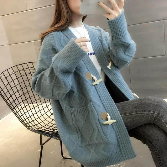 Lazy Style Knitted Cardigan Women's Autumn and Winter Style Thick Loose College Style V-neck Long-sleeved Sweater Jacket