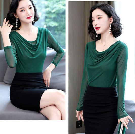 Spring Women's Mesh Bottoming Shirt Fashion Solid Color Tight Sweater Large Size Long Sleeve Bottoming Shirt