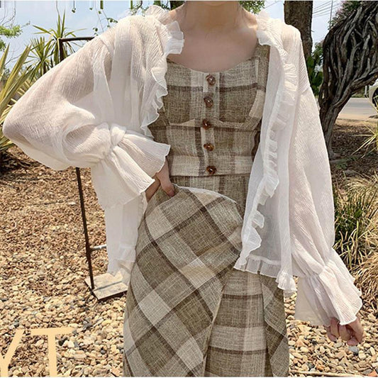 Ice Silk Sunscreen Women's Cardigan with Suspenders Skirt with Shawl and Chiffon Jacket