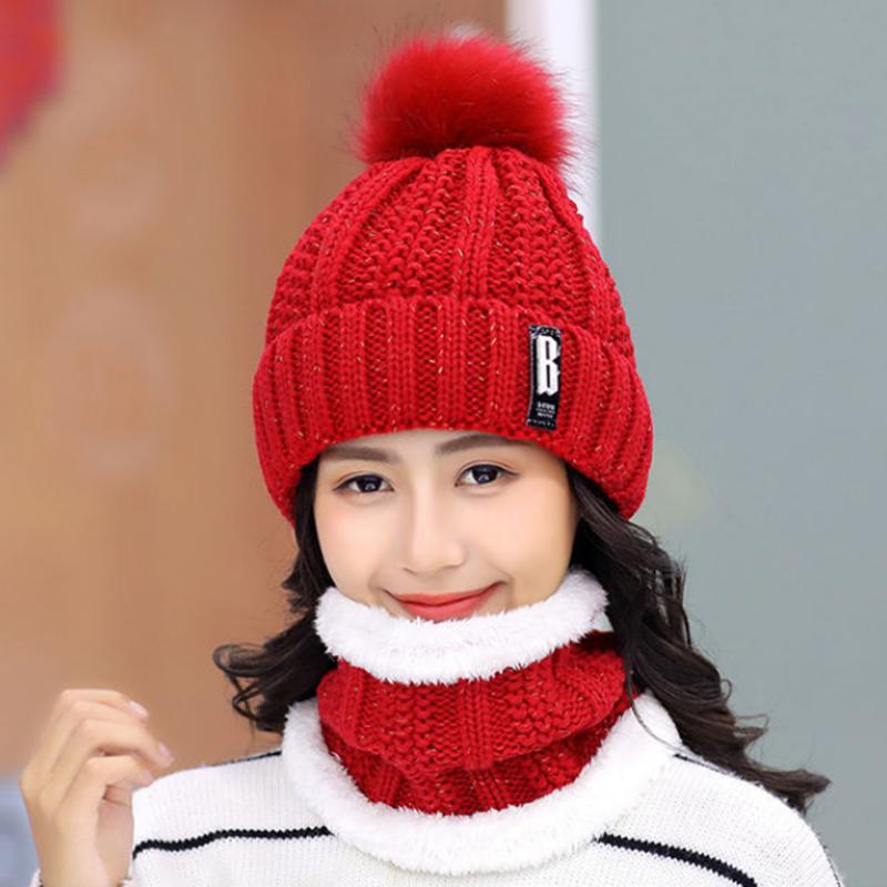Women's Scarf Hat Set All-match Warm Fur Ball Caps Autumn Winter Cycling Ladies Knitting Velvet Thick Padded Collars Facial Windproof Hats