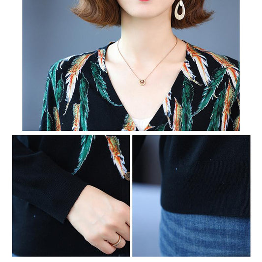 Autumn Winter Ladies Printed Cardigan Women Knit Sweater Fashion V-neck Knit Jacket Outwear Woollen Sweater Coat