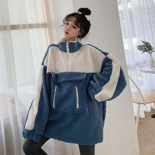 Autumn and Winter Loose Bf High Neck Sweater Women Zipper Pocket Thick Coat Color Matching Long Sleeve Top