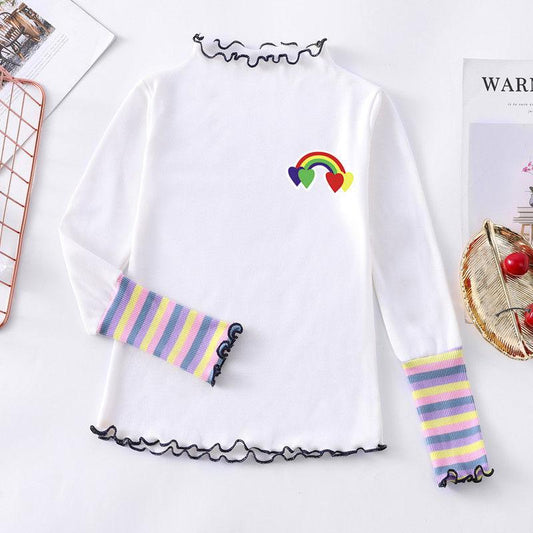 Girls' Collar Bottoming Shirt Wooden Ear Cotton T-shirt Rainbow Cuffs 3-11 Years Old Autumn and Winter Top