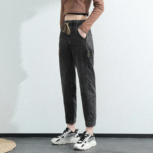 Loose Waist Lacing Jeans Women's Spring and Autumn Korean Style Thin Elastic Waist Tight Leggings Ninth Harem Pants