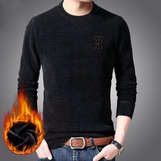 Sweater Young and Middle-aged Plus Velvet Thick Solid Color Warm and Comfortable Winter Round Neck Pullover Men's Bottoming Shirt
