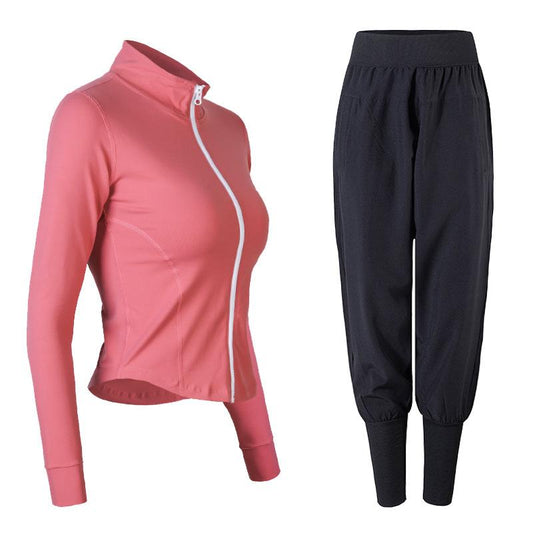 Women's Quick Dry Yoga Clothes Gym Running Sports Suit Short Long Sleeve Cardigan Zipper Top Jacket Loose Wide Leg Pants Suit Fitness Suit