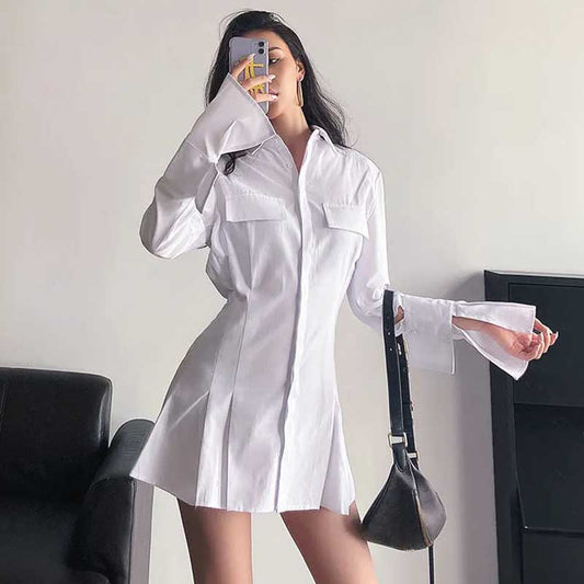 Shirt Flared Dress Women's Long-sleeved Summer Temperament Waist Slim Polo Collar