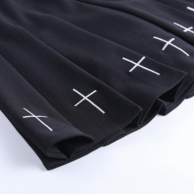 Gothic Cross Stitch Dress Punk Black Skirt Little Black Dress College Pleated Skirt