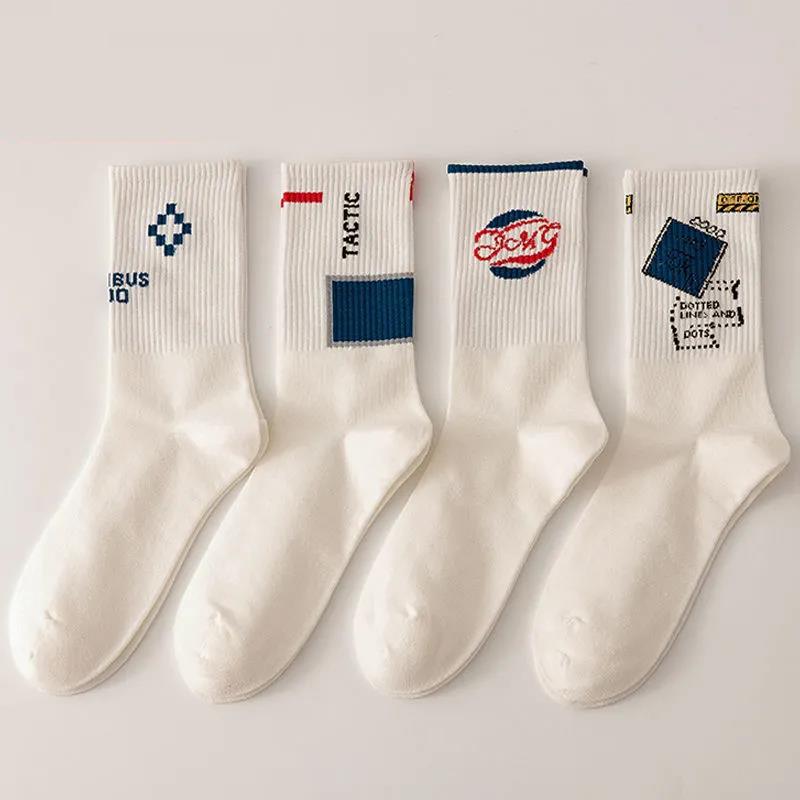 Men's Tube Socks Fashion All-match Printing Cotton Socks Basketball Sports Sweat-absorbent Deodorant Socks Four Pairs