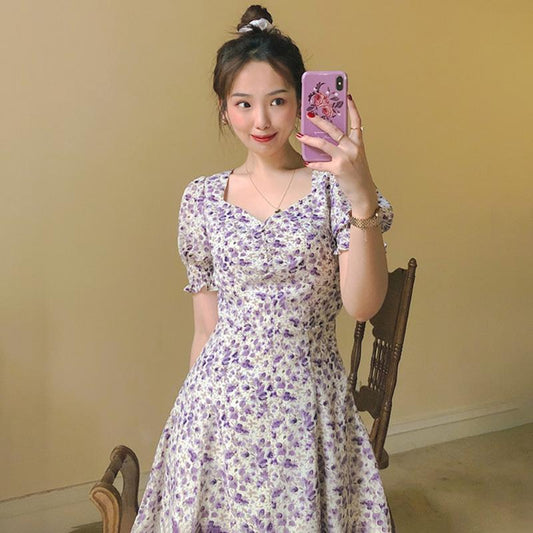 Chiffon Midi Skirt A-line Skirt Retro French Square Collar Puff Sleeves Slit Dress Oil Painting Purple Floral Skirt Elegant Temperament