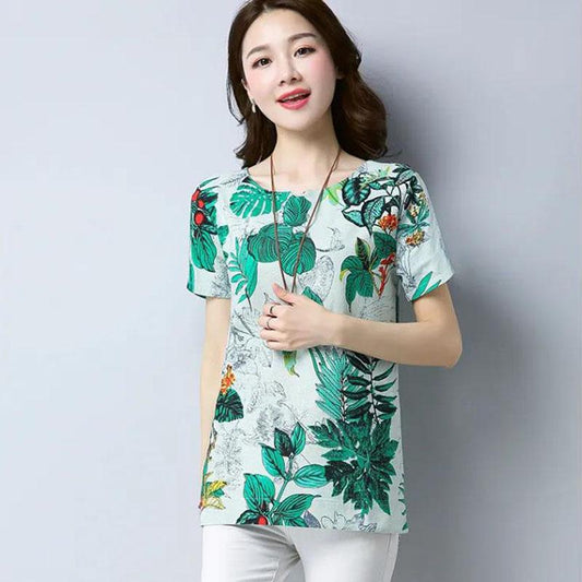 Women's Summer Loose Large Size Round Neck All-match Short Sleeve Floral Top