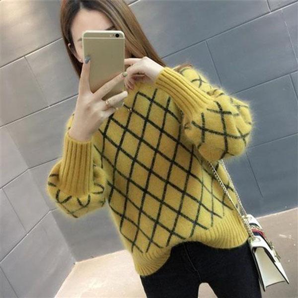 Autumn and Winter Knitted Jacket Diamond Pattern Simple Top Loose Half High Neck Women Sweater