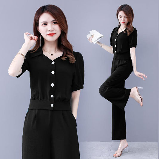 Suit Women's Summer Temperament Two-piece Suit Short Top Loose Wide-leg Pants Professional Casual Suit Light and Breathable Fabric for Work