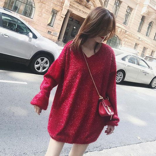 Autumn And Winter Mid-length V-neck Sweater Loose Bright Silk Dress Women