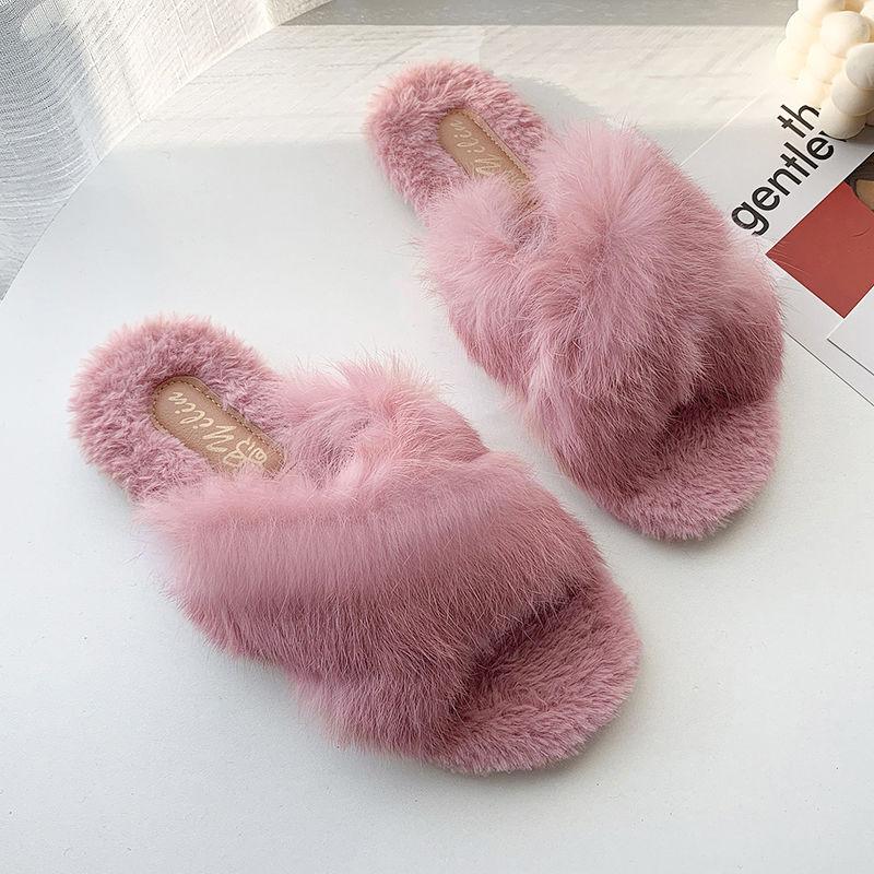 Outer Wear Fur Slippers Woman Made Rabbit Fur Cross Cotton Mop Home Warmth Cotton Mop Cute Warm Breathable and Comfortable