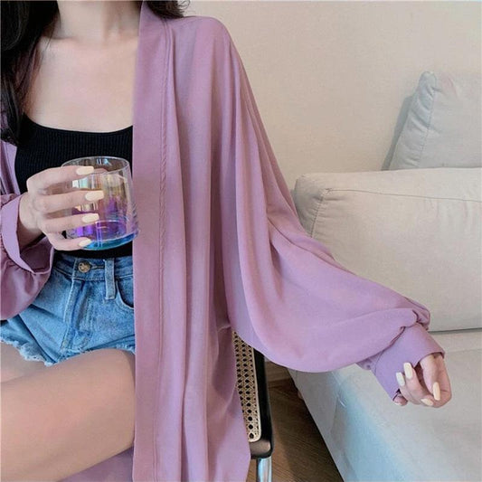 Batwing Sleeve Women's Sun Protection Clothing Sun-Dress Mid-length Plus Size Shawl Loose Outer Chiffon Cardigan Thin Coat Beach
