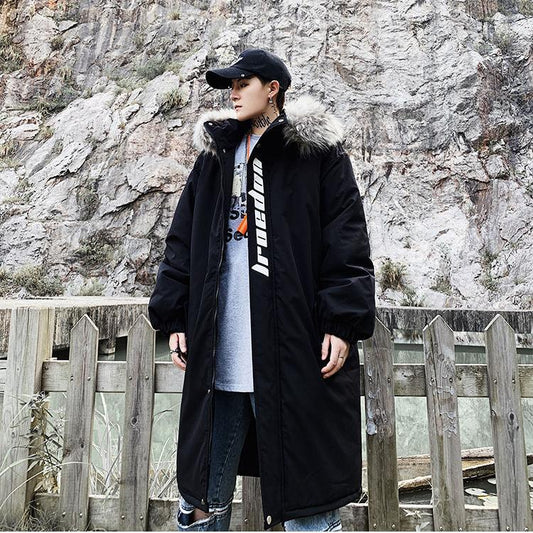 Winter Fur Collar Warm Men's Cotton Coat Large Size Loose Mid-length Parka Coat Hooded Over-the-knee Coat Thick Coat