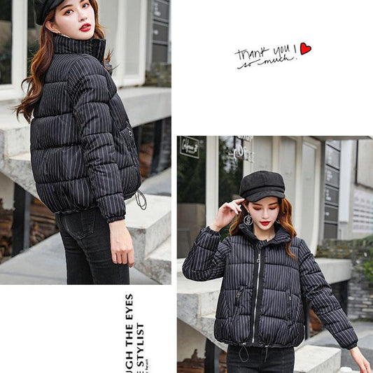 Down Cotton Jacket Women's Short Striped Loose Korean Fashion All-match Jacket Temperament Stand-up Collar Top