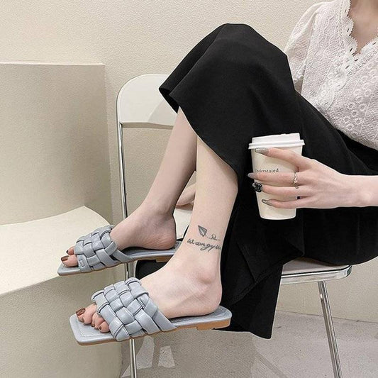 Slippers Women's Woven Square Toe Sandals Women's Summer Korean Version of All-match Flat-bottom Breathable Sandals Women's Outer Wear