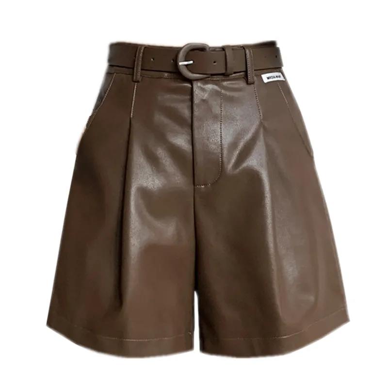 Send Belt PU Leather Shorts Female Autumn and Winter A-line All-match Boot Pants Large Size High Waist Wide Leg Loose Outer Wear Casual Pants