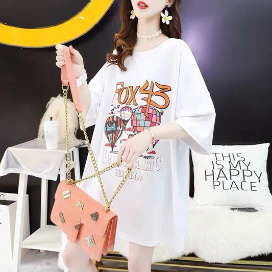 Women's Short-sleeved Short-sleeved Mid-length Loose Round Neck Half-sleeved Tops with Open Back Glittering T-shirts Ladies Casual Loose Long T-shirts