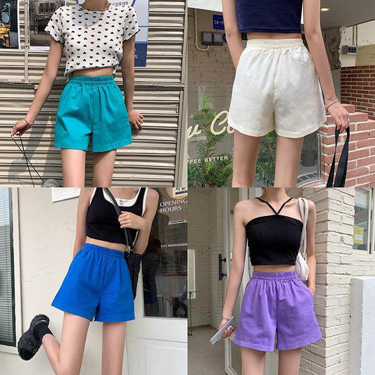 WTEMPO Women's Solid colorSports Shorts Wide-leg Casual Pants Student Elastic Waist Convenient Big Pocket Stadium Gym