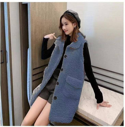 Woman Vest Winter Vests of Women Single Breasted Faux Lamb Wool Vest Coat Turn-down Collar