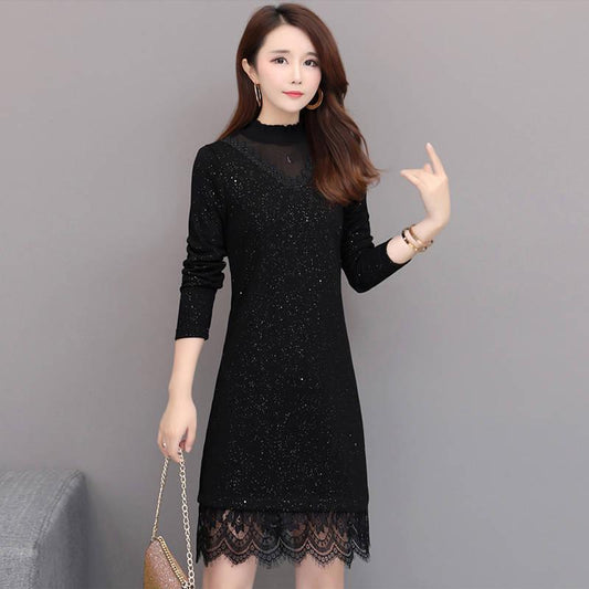 Fashion Trendy Black Long-sleeved Dress Female Large Size Medium-length Slim Slimming Skirt
