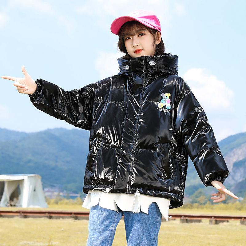 Girls' Winter Warm Down Jacket Glossy Disposable Cotton Clothes Short Padded Windproof Hooded Jacket
