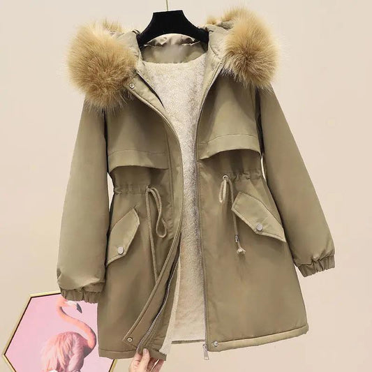Imitation Hair Parker Overcoming Women's Mid-length Plus Velvet Thick Hooded Waist Waist Tooling Cotton-padded Jacket