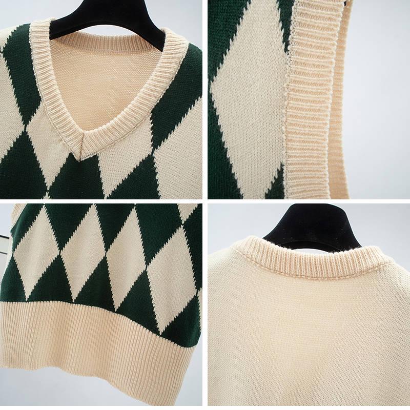 Diamond Check V-Neck Knitted Vest Women's Sweater Autumn and Winter Korean Loose Wild Sweater Vest Sleeveless Sweater