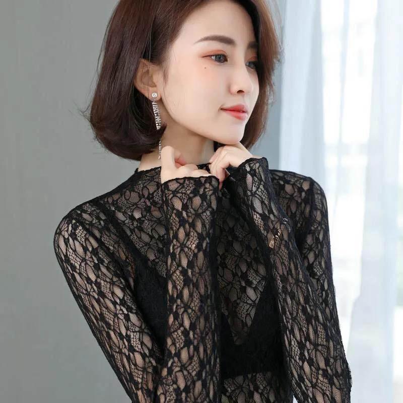 Four Seasons Popular Lace Bottoming Shirt Hollow Long-sleeved Half-high Collar with Tulle Slim Top