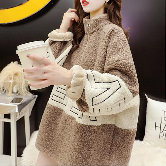 Plush Padded Faux Lamb Wool Sweater Women Autumn and Winter All-match Loose Warm Stand Collar Pullover Warm Top Women's Plus Size Jacket