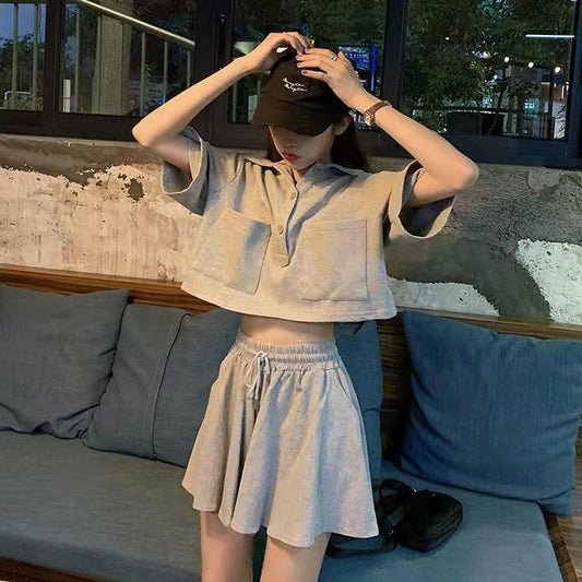 Two-piece Women's Polo Collar Workwear Loose All-match Short-sleeved T-shirt + Wide-leg Culottes Set Casual Sportswear Home Clothing