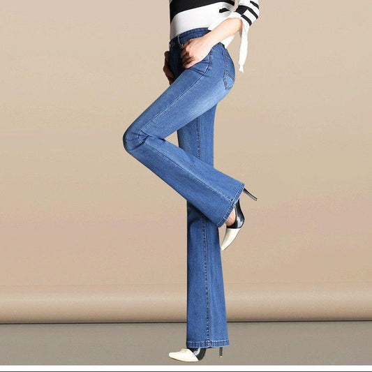 Casual High Waist Flare Leg Denim Jeans Women Stretchy Long Trousers Ladies Solid Trim Pants