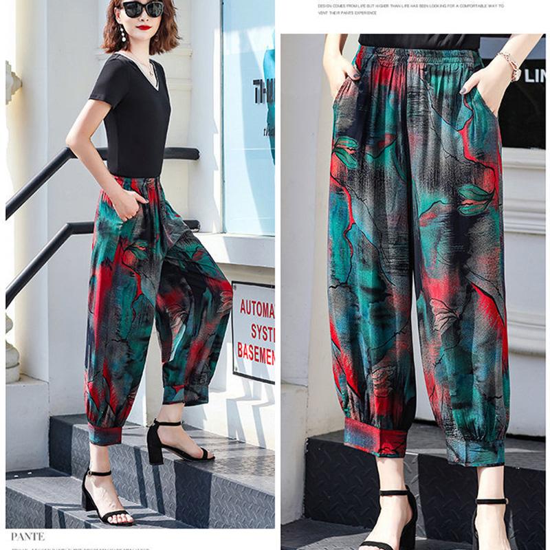 Cropped Pants Summer Cotton Silk Printed Casual Wide-leg Pants with Elastic Waist Lantern Pants