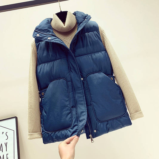 Autumn and Winter Korean Style Temperament Vest Solid Color Stand-up Collar Tie Coat Thickening Short Female Down Cotton Vest