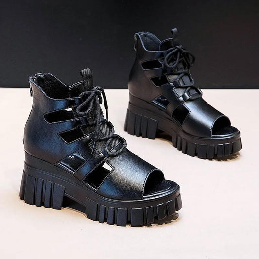 Women's Platform Sandals Hollow Breathable Boots Summer Wedge Heel Mesh Fish Mouth Shoes