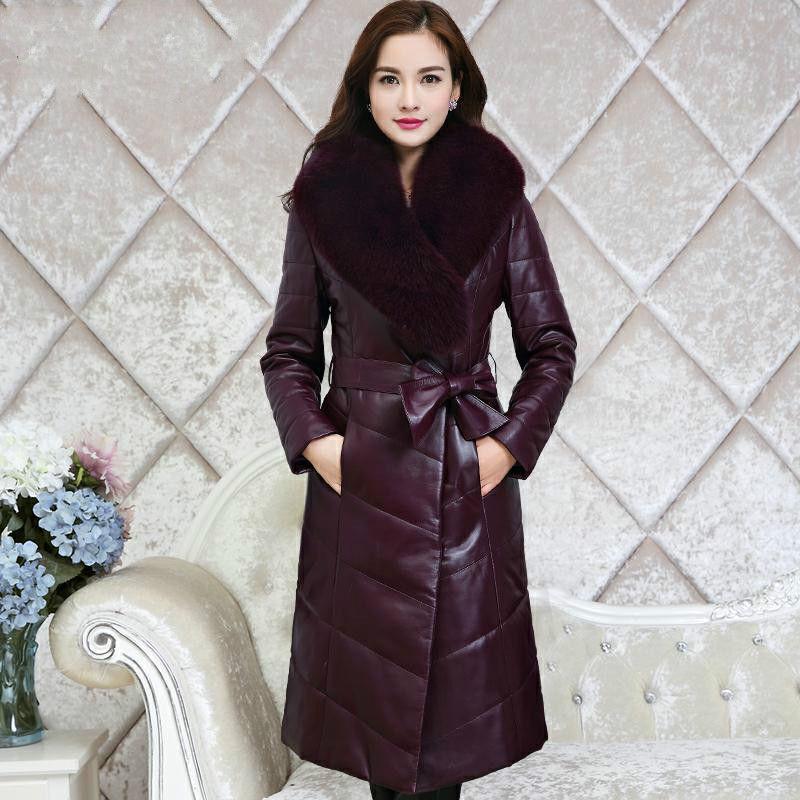 Winter PU Leather Female Imitation Fox Fur Collar Cotton Jacket In The Long Section Slim Padded Jacket Fashion Casual Women Leather Jacket
