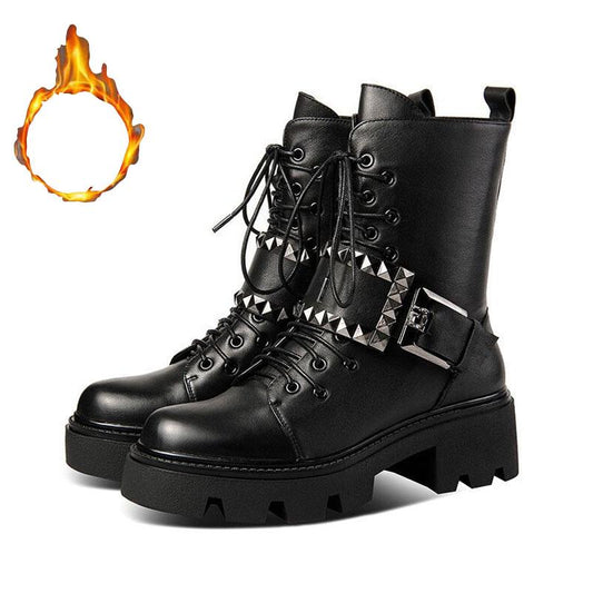 Autumn and Winter Martin Boots Belt Buckle Short Boots British Shoes Snow Boots Plus Velvet Warm Cotton Boots Motorcycle Shoes