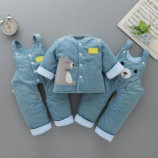 Baby Winter Coat Suit Plus Velvet Thickening Newborn Baby Clothes Corduroy Hooded Autumn and Winter Three-piece Cotton Jacket