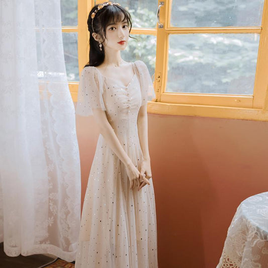 Summer Super Fairy Long Slim Mesh Chiffon Party Dress Simple Elegant Lace A-line Graceful Dress