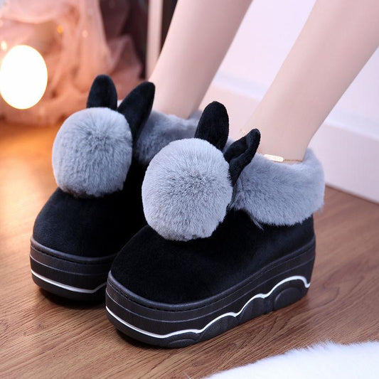 Winter Thick-soled Bag Cotton Slippers Cute Color Matching Ball Home Warm Shoes Non-slip Indoor High-heeled Cotton Shoes