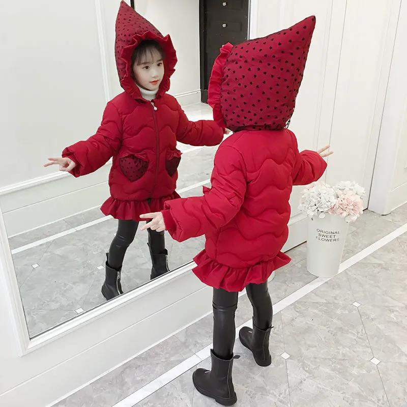 Girls' Cotton-padded Jacket Korean Version of Down Jacket Mid-length Winter Thickening Children's Cotton Jackets with Strawberry Hat