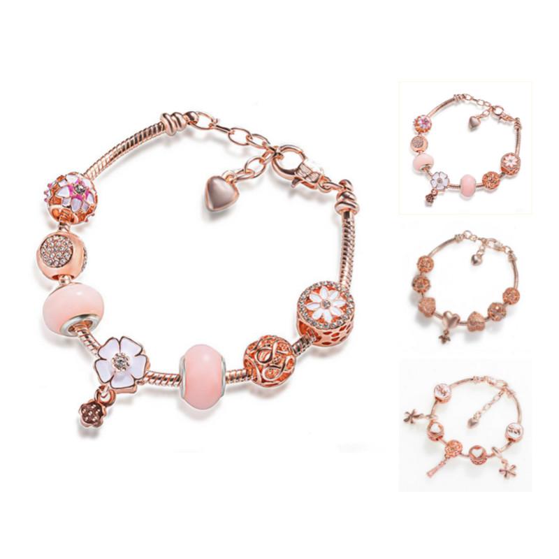Lovely Diy Beads 3 Kinds of Rose Gold Bracelet Charm Snake Chain Bracelet for Women Gift