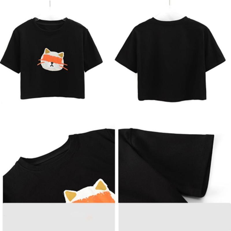100% Cotton Summer Thin Hong Kong Style Short Short Sleeve T-shirt Women Cartoon Printing Solid Color Short Top