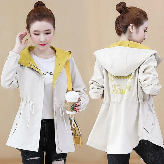 Spring Hooded Windbreaker Coat Women's Mid-length Waist Tightening Korean Style All-match Loose Thin Coat Jacket